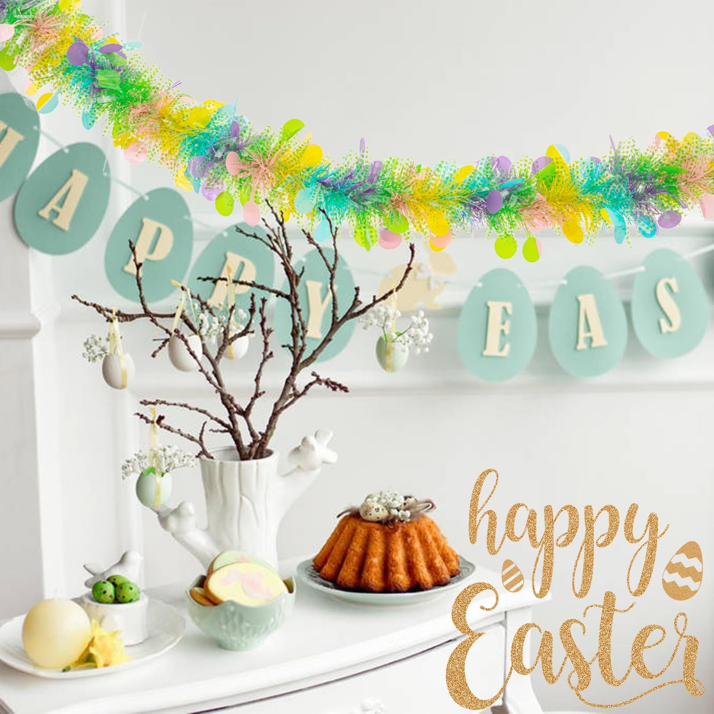 Gloreyan 33FT Easter Tinsel Garland Colorful Easter Egg Metallic Twist Tinsel Garland with Confetti Spring Hanging Garland Decoartion for Easter Tree Door Stair Mantle Party Supplies