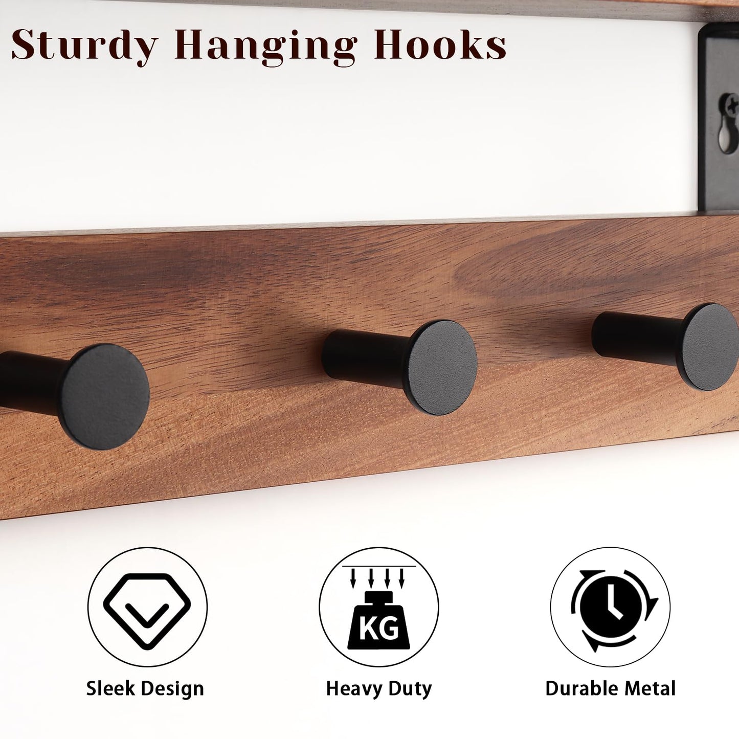 Homiton Coat Rack Wall Mount with Shelf, 17" Walnut Wood Wall Shelf with Hooks, Entryway Floating Shelves with 5 Metal Hangers for Coats, Backpacks, Living Room, Bedroom, Bathroom