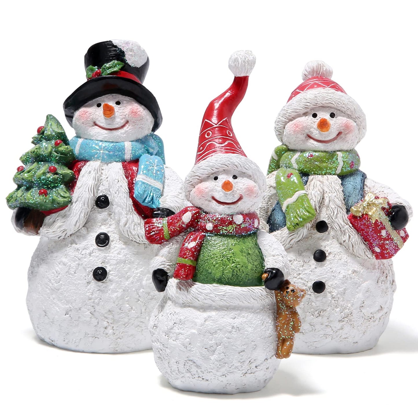 Hodao Snowman Figurines Set of 3, Hand-Painted Resin Christmas Ornaments, Indoor Home Decor for Mantel, Shelf & Tiered Tray, Glitter Accents, Gift-Ready Holiday Decorations