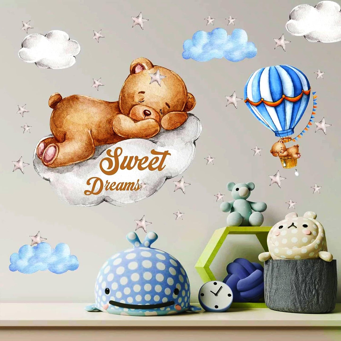 Tedy Bear Moon & Stars Wall Decor - Sleeping Bear Wall Stickers, Baby & Nursery Room Decor