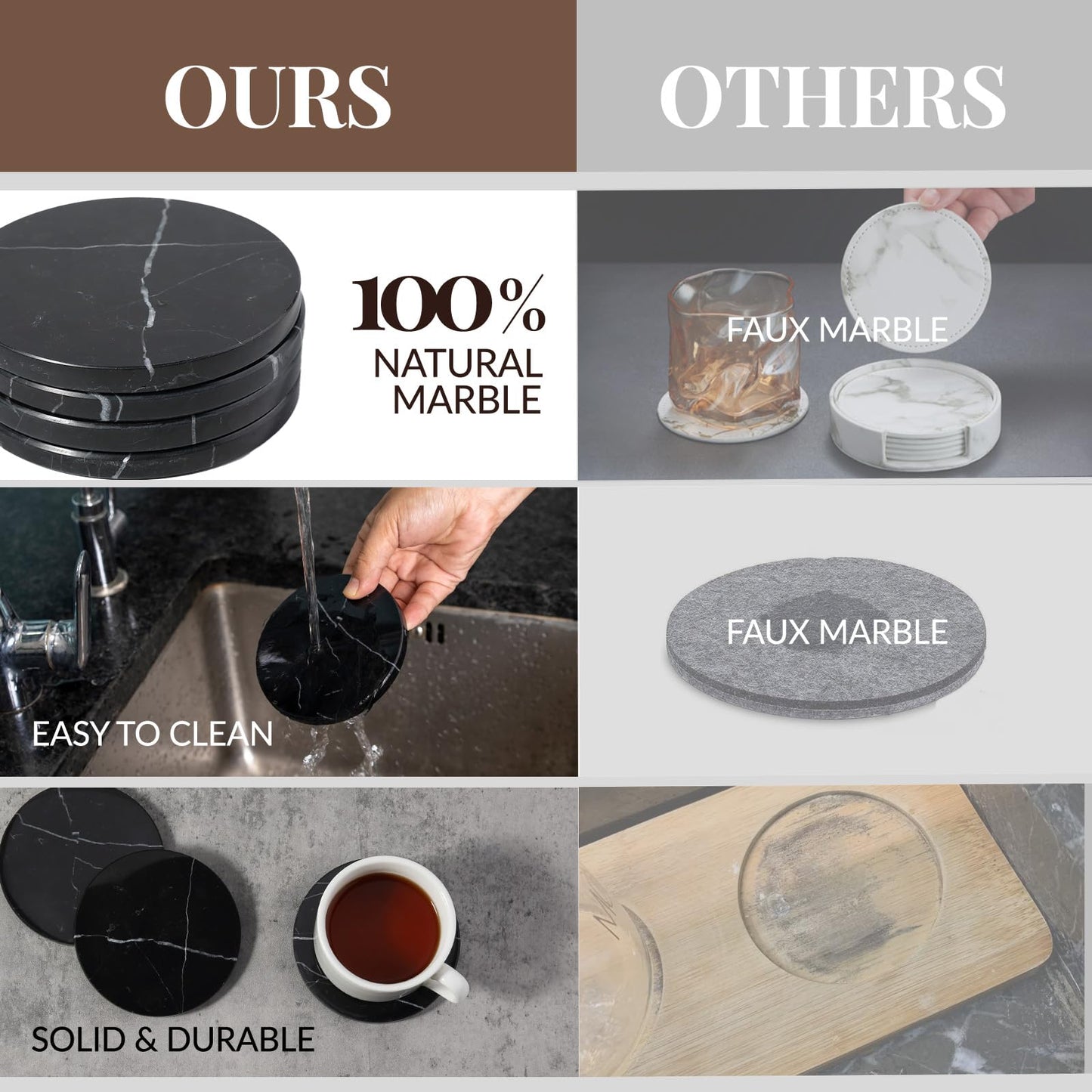 Koville Marble Coaster Set of 4, Round Coasters, 4" Stone Coaster for Drinks Coffee, White Marble Coasters for Coffee Table Home Bar Decor, Heat Resistant, Gift Choice(Black)
