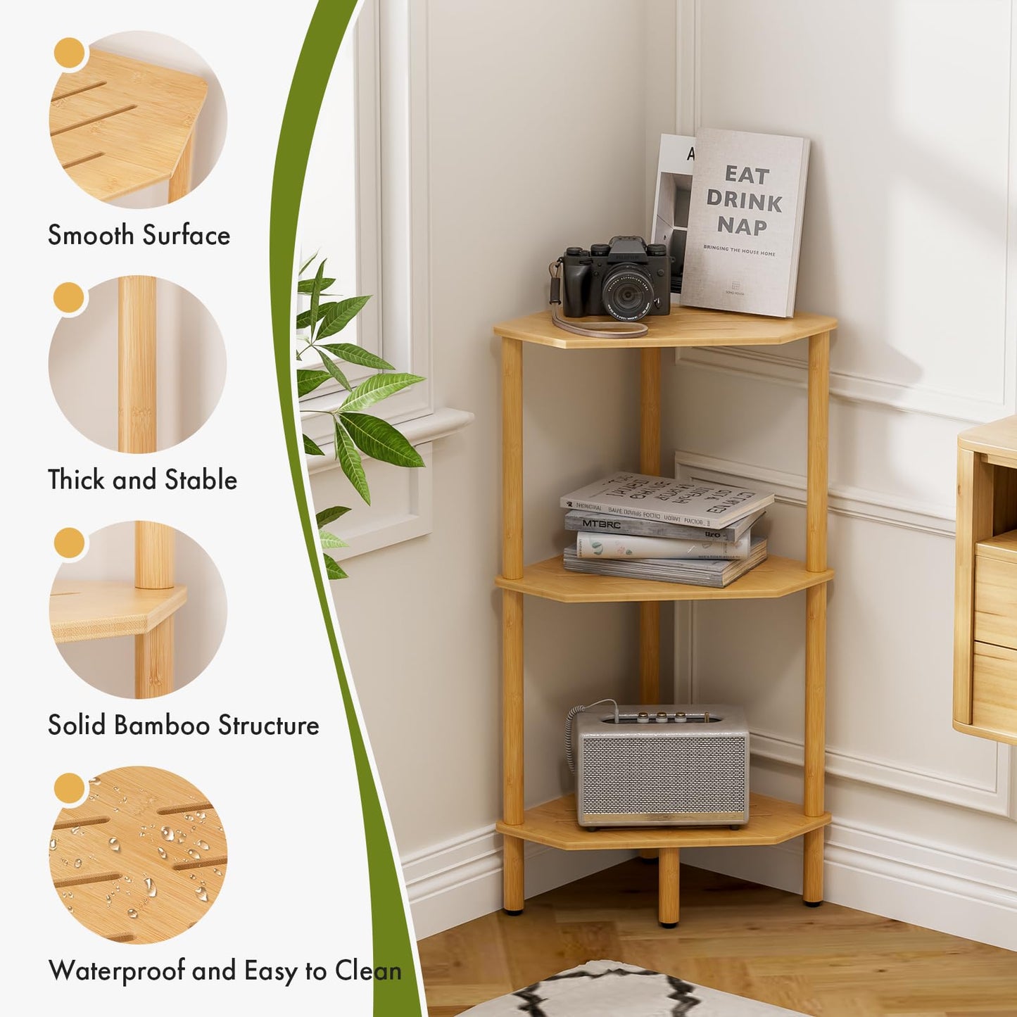 Atoping 3 Tier Bamboo Corner Shelf, Storage Stand with Adjustable Feet, Small Space Corner Bookcase, Outdoor Plant Stand, Space-Saving Organizer for Bathroom Kitchen Living Room