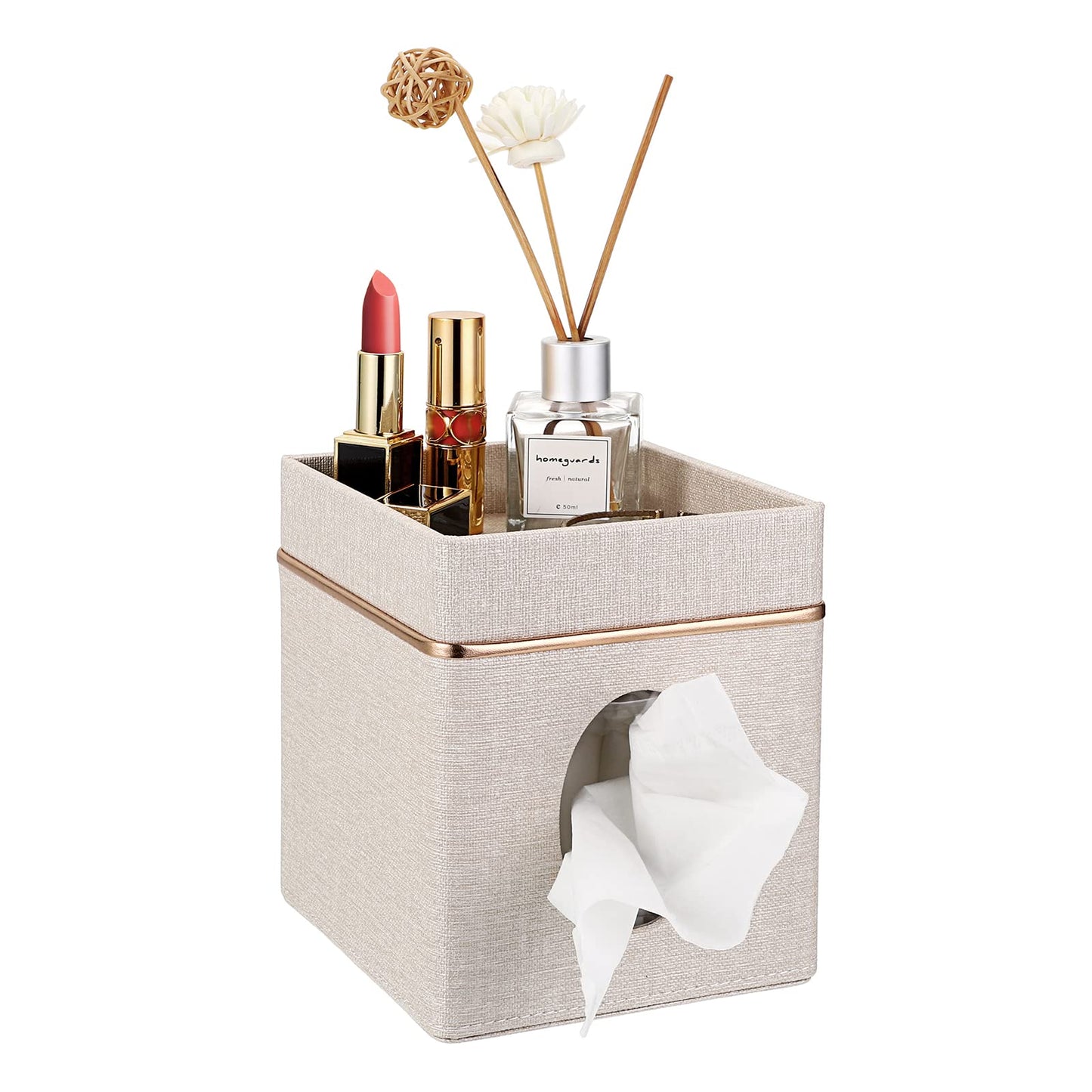 Sumnacon Linen Square Tissue Box Cover - Decorative Cube Tissue Box Holder with Tray, Stylish Tissue Box for Bathroom Toilet Tank Vanity Dresser Table Office Bar Restaurant, Beige