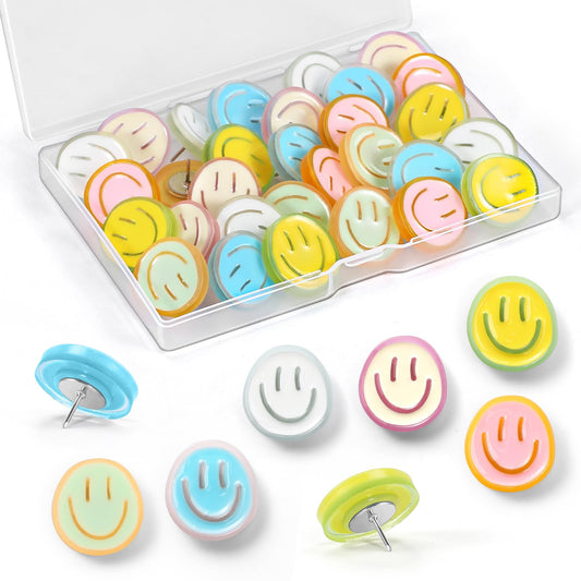 GOOLADA 30 Decorative Push Pins,6 Colors Smiley Face Push Pins, Cute Smiley Face Pins, Thumb Tacks for Cork Board, Bulletin Board, Classroom Decor