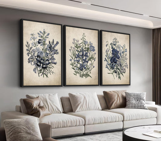 Large Framed Botanical Wall Art - Jane Loudon Floral Wall Decor 16"x24" Set of 3 Vintage Flower Painting Prints Retro Rustic Morning Glory Canvas Pictures for Living Room Bedroom Office Artwork