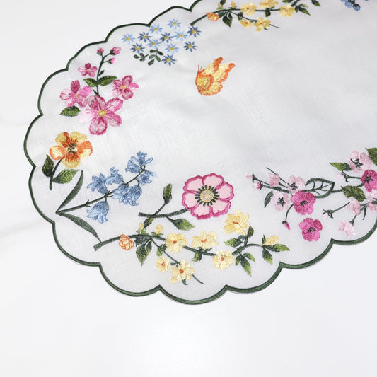 Spring Table Runner Embroidered Floral Scalloped 36 Inches Long Pink Flowers Easter Seasonal Cutout Summer Flowers Coffee Dinning Table Centerpieces
