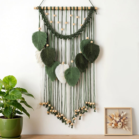 Oqqlin Green Macrame Wall Hanging, 15.7 x 29.9 Inch Boho Leaf Wall Decor Tapestry Sage Green Handmade Woven Leaves Feather Decorations for Bedroom, Living Room, Nursery, Apartment