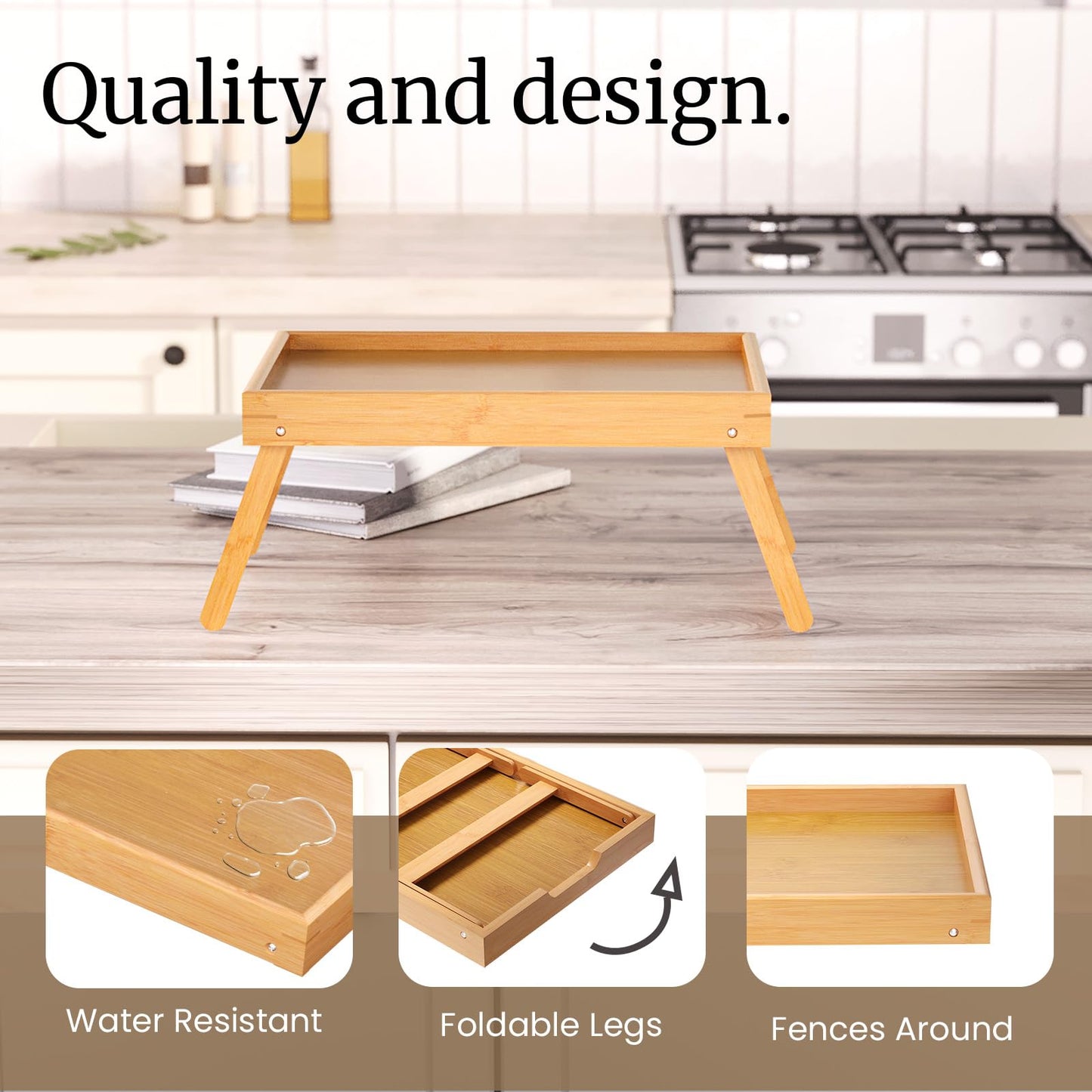 Fibogollo 2 Pack Bamboo Bed Tray Table with Folding Legs,Breakfast Trays,Serving Tray for Food and Snack,Laptop Trays for Working(Natural)