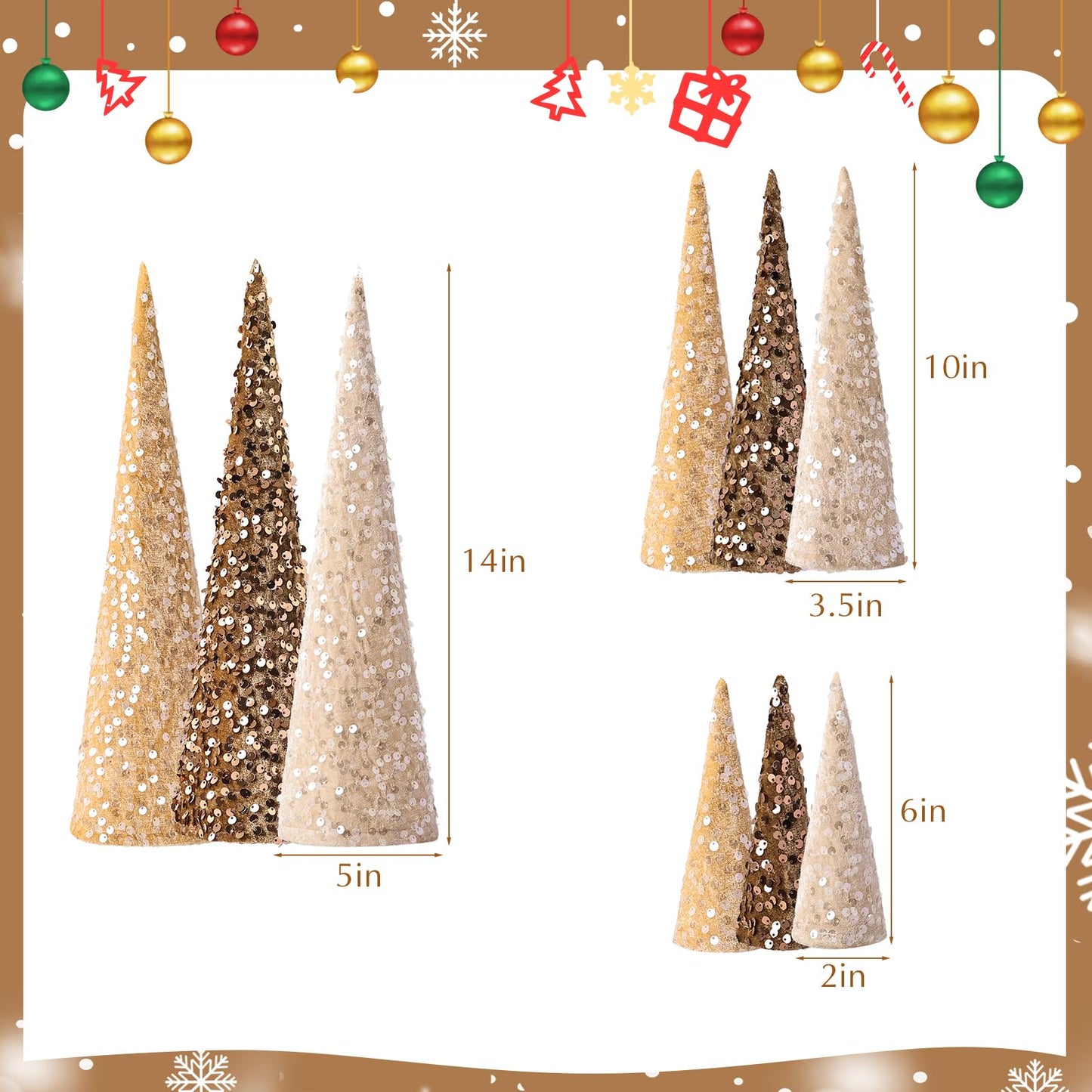 Bunny Chorus Christmas Table Décor: 9pcs Neutral Cone Christmas Trees with Earth Tones Glitter Sequins Surface, Modern Christmas Decorations for Xmas New Year Soft Cozy Winter Holiday Home Décor