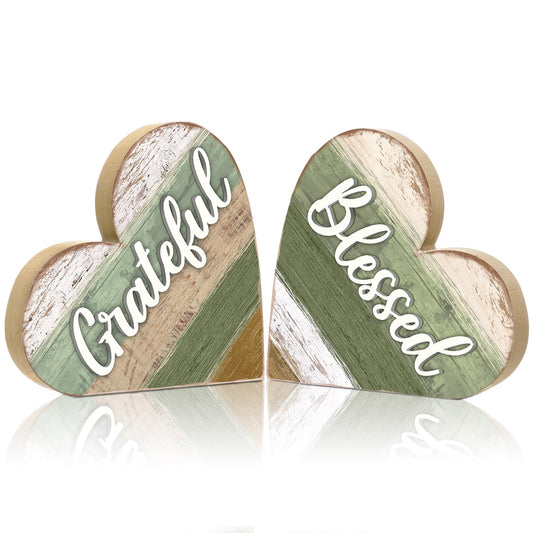 Jetec 2 Pcs Rustic Wooden Heart Table Decor, Daisy Farmhouse Home Decor, Bless This Home & Be Kind Sign for Living Room, Dining Room, Shelf & Mantel, Ideal Housewarming & Birthday Gift(Blessed Style)