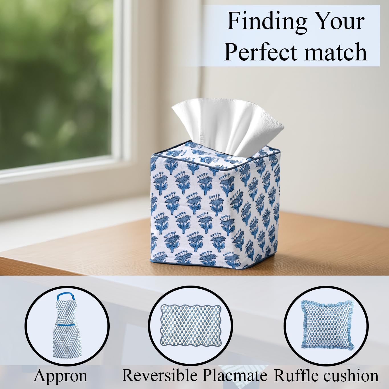 CPC Apatite Blue Hand Block Printed Cotton Tissue Box Cover 5" x 5" x 5.5" Square Soft Reusable Boho Napkin Holder for Home Kitchen Dining Bathroom Office Cafe Spa, Gift for Spring, Mother's Day