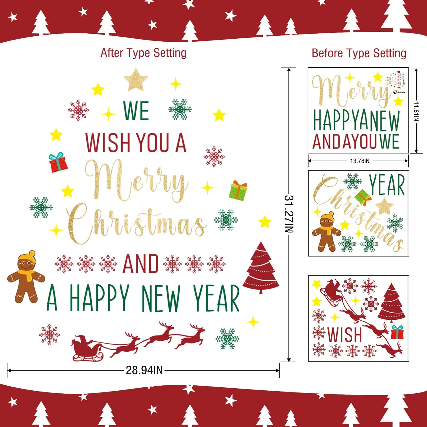 Rotumaty Christmas Wall Decals Stickers Decor Glitter Merry Christmas Tree Happy New Year Quote Decorations Holiday Seasonal Wall Art Decor for Home Office Classroom Party Ornaments