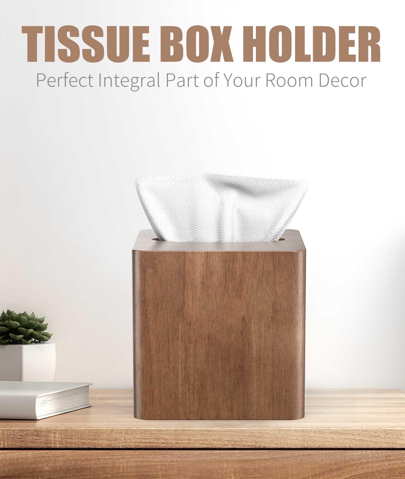 Livelab Tissue Box Cover Square - Oak Wood Tissue Box Holder for Living Room, Dinner Table, Bathroom, Office - Decorative Wooden Cube Facial Tissue Cover for Modern Farmhouse Home Decor | Brown