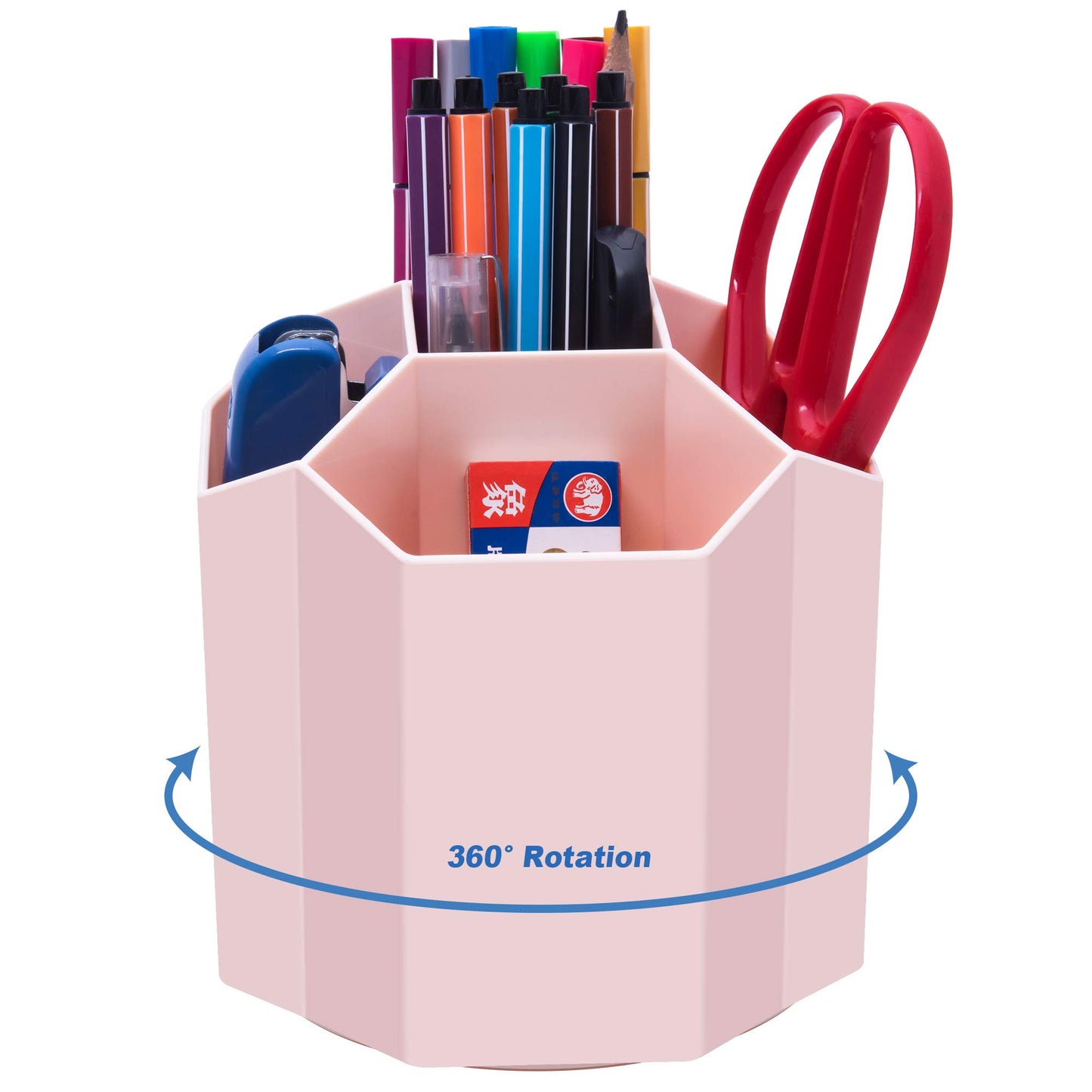 Siveit Desk Pencil Pen Holder, Rotating Pen Organizers 360-Degree 5 Grid Pen Holder for Desktop Storage Stationery Supplies Organizer, Home, Office, School, Kids, Peach Pink