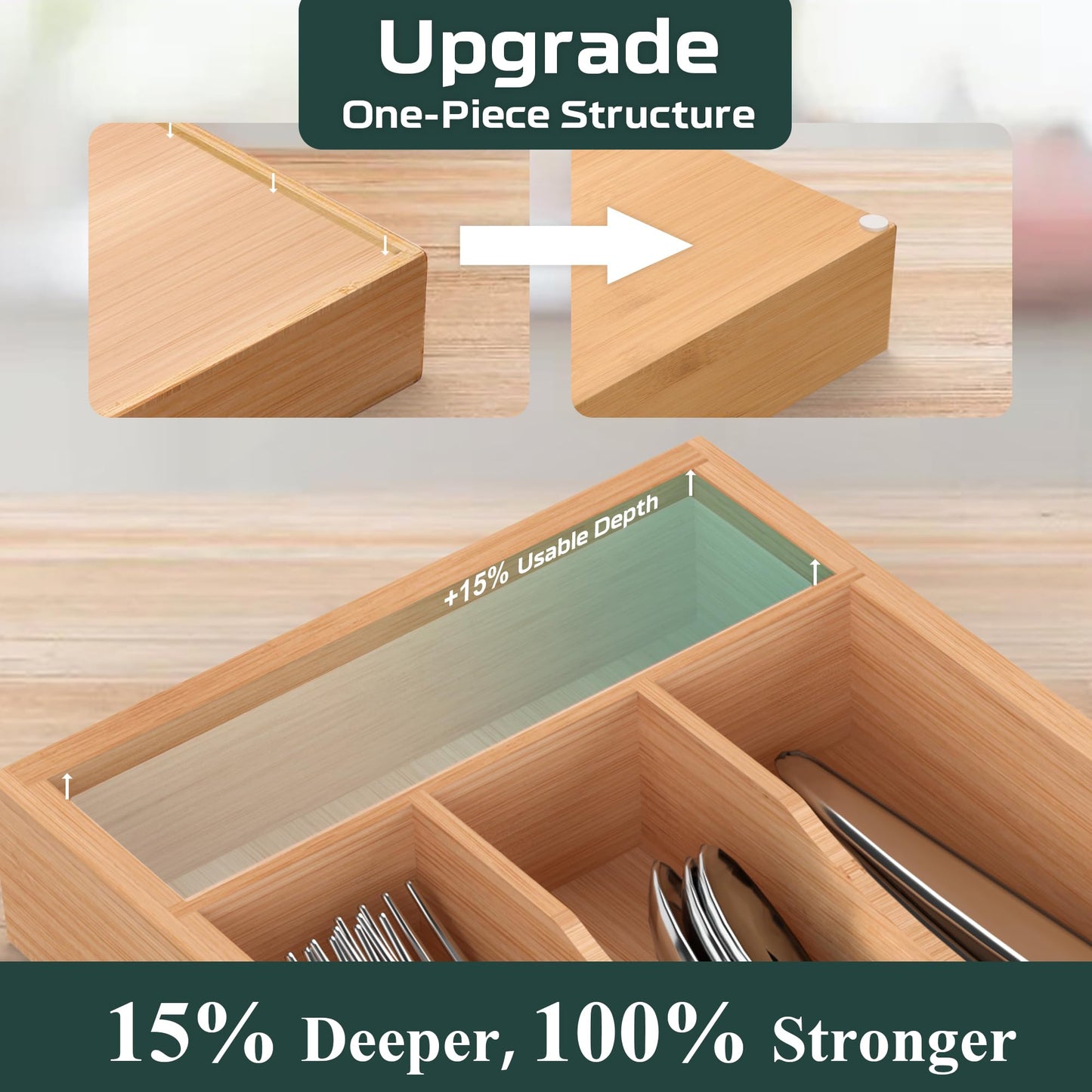 BEKVEM Small Silverware Organizer, Bamboo Kitchen Drawer Organizer, Utensil Holder, Cutlery Tray & Spoon Flatware Storage with Grooved Drawer Dividers (6.7''W x 12''D)