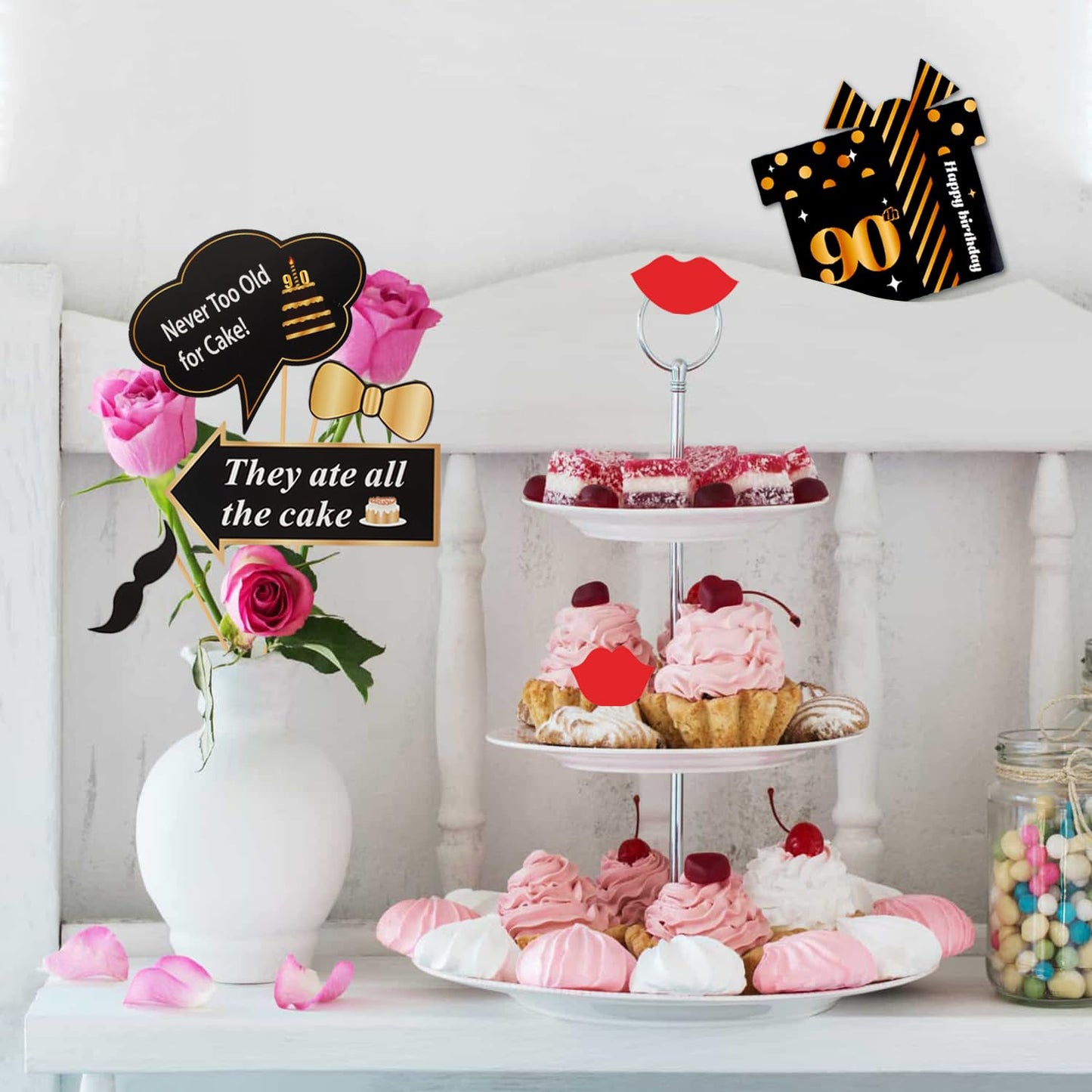 LINGTEER Happy 90th Birthday Party Photo Booth Props,Cheers to 90th Birthday Ninety Years Old Bday Party Centerpieces Props Decorations Sign.