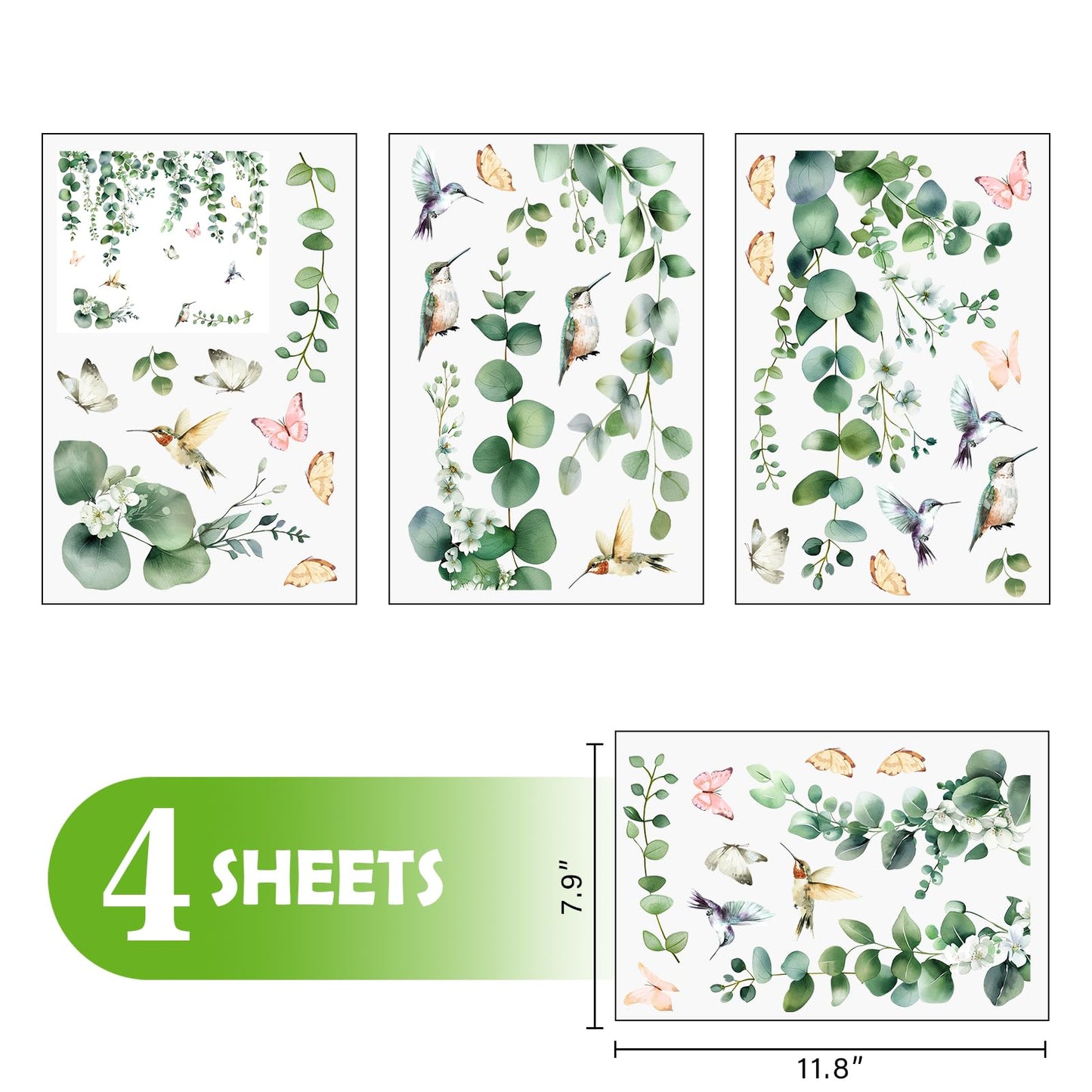 Mfault Spring Summer Hanging Vine Plant Window Clings, Eucalyptus Leaves Hummingbird Flower Butterfly Stickers Decals Decorations, Botanical Floral Plant Home Living Room Kitchen Decor