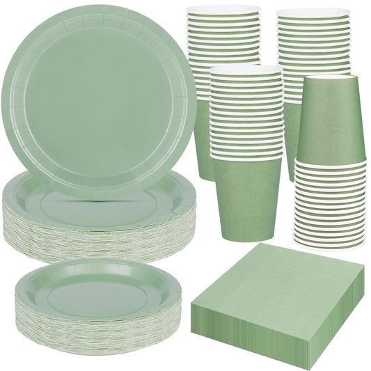 TWOWYHI 200PCS Party Supplies Paper Plates Set for Party with 50Guests 7"and 9" Disposable Plates Napkins Cups for Birthday Bridal Shower Wedding Parties Sage Green