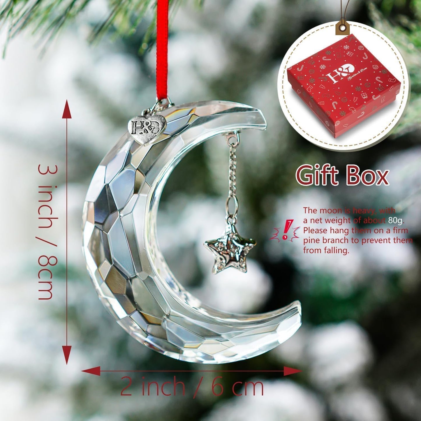 H&D HYALINE & DORA 2026 Christmas Moon Ornament Crystal Christmas Moon Hanging Ornament Clear Crystal Suncatcher Ornament for Xmas Winter Party Home Decor