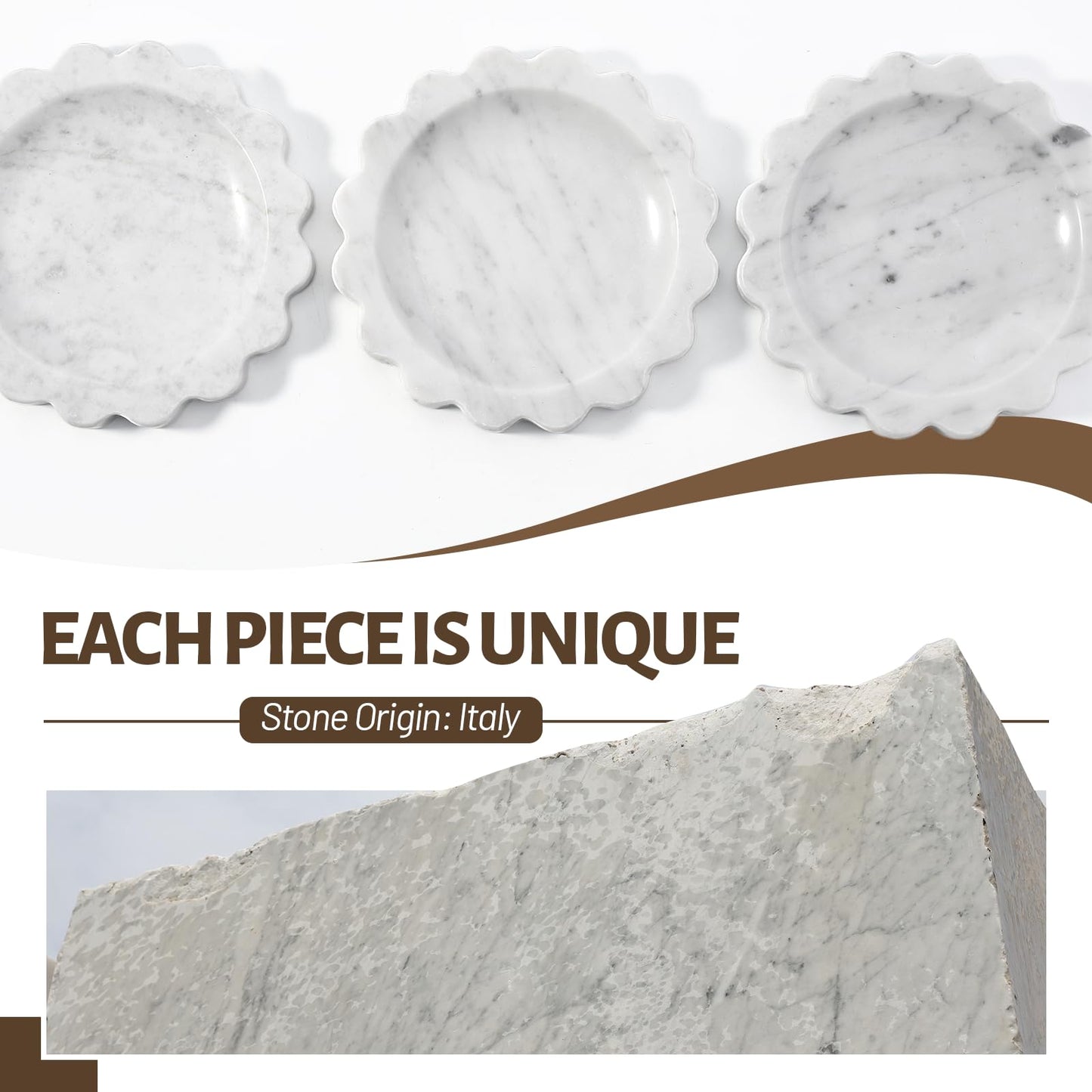 Koville 5.51" Scalloped Marble Tray, Round Stone Jewelry Trinket Dish for Ring, Natural Small Marble Tray for Bathroom Kitchen Dresser Countertop, Decorative Candle Tray(Bianco Carrara)