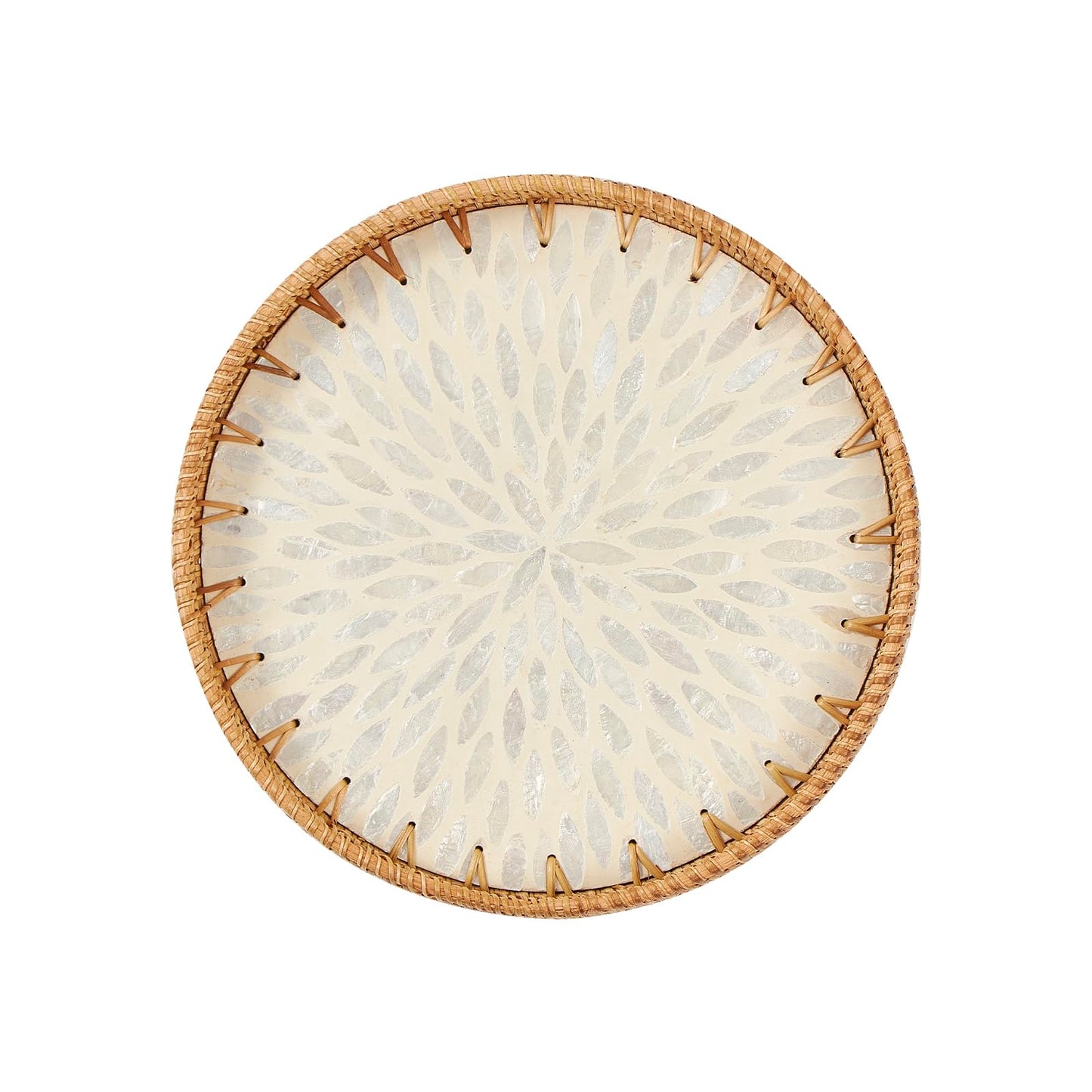 Kmelep Round Rattan Tray with Mother of Pearl Inlay, Rattan Serving Tray with Wooden Base, Decorative Wicker Basket for Table Decor, Storage and Display of Coffee Bread Food Fruit (Leaf 2)