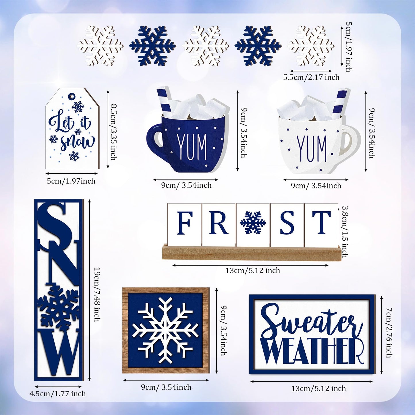 Jetec 12 Pieces Winter Tiered Tray Decor Set Snowflake Wooden Sign Let It Snow Table Decorations Farmhouse Coffee Bar Signs Tray Decor for Home Kitchen Tabletop(Blue)