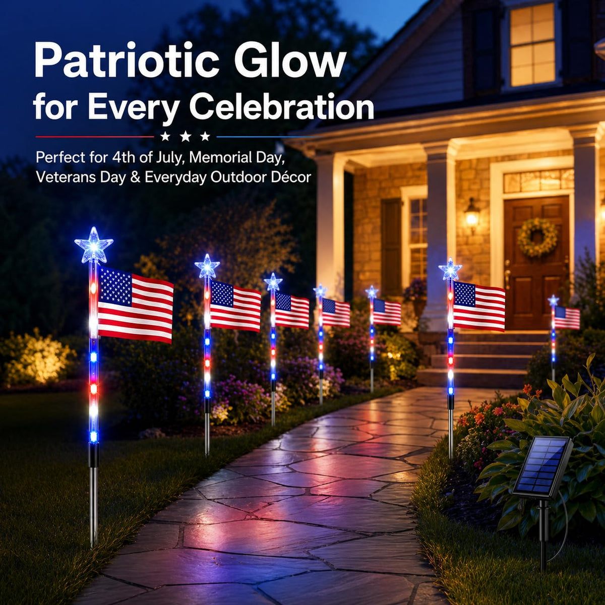 8 Pack Solar American Flag Pathway Lights, Patriotic Red White Blue Outdoor Stake Lights, Waterproof Solar LED Yard Garden Decorations for 4th of July, Independence Day