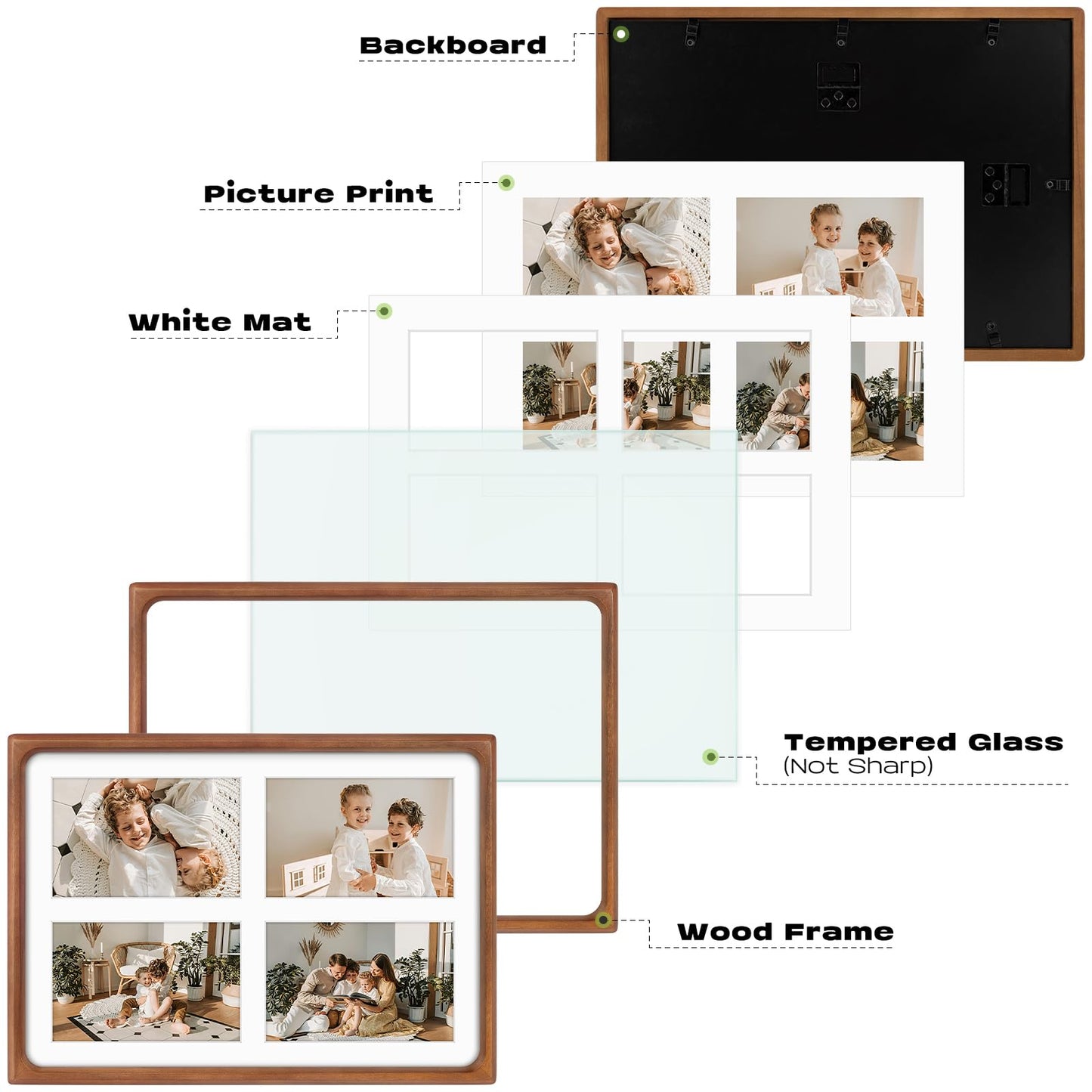 Golden State Art, 4x6 Collage Picture Frame - Solid Wood with Real Glass - Multi Picture Frame for (4) 4x6 Photos or One 9.5x13.5 Print - Rounded Corner Design - Collage Wall Decor - Brown