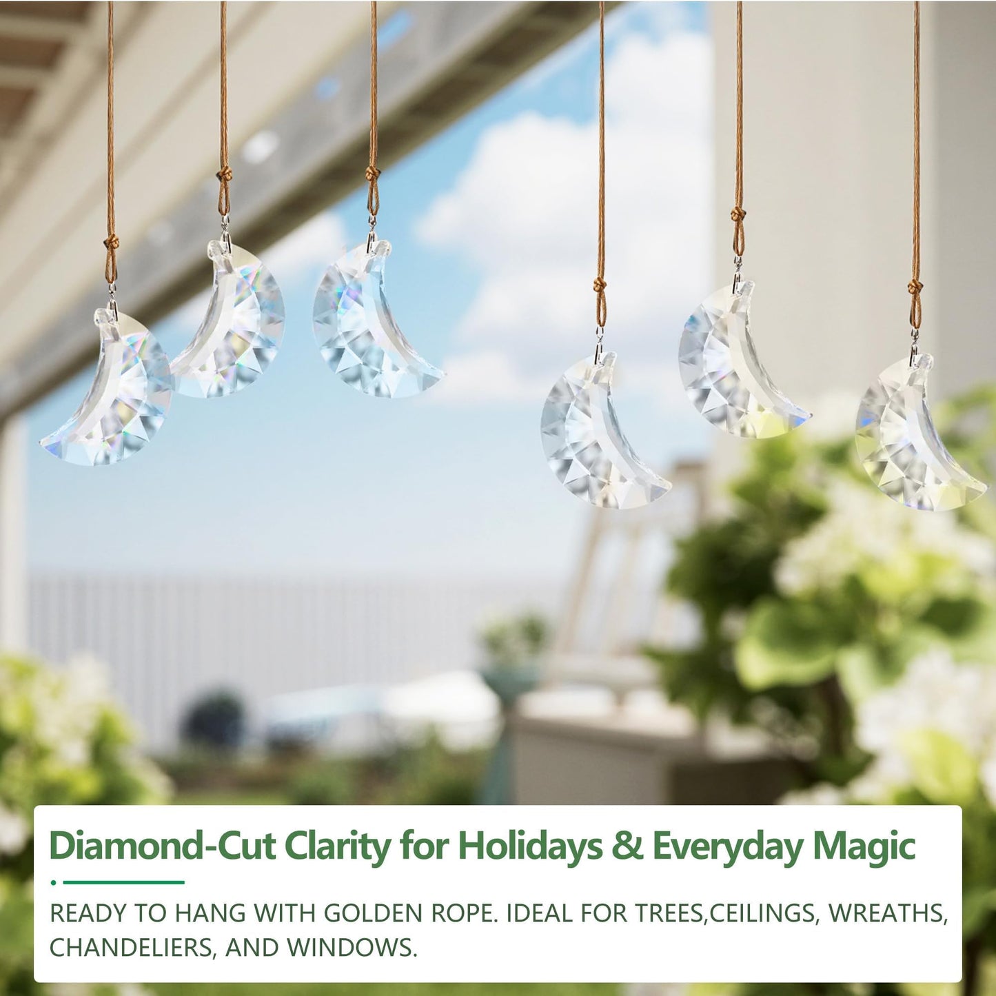 LOULIQIGIFT 1.9in Clear Faceted Crystal Moon Prisms Ornaments Glass Hanging Crystals Crescent Moon Tree Ornaments for Window Home Car Wedding Party Mother's Day Decoration (Set of 6)