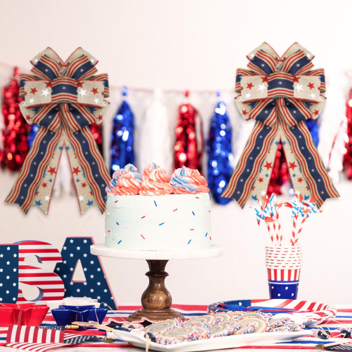 Moucuny 2 Pcs Memorial Day Bows 4th of July Patriotic Burlap Bow Red White Blue Stars Tree Topper American Flag Wreath for Indoor Outdoor 250th Anniversary Independence Party Decoration(Rustic)
