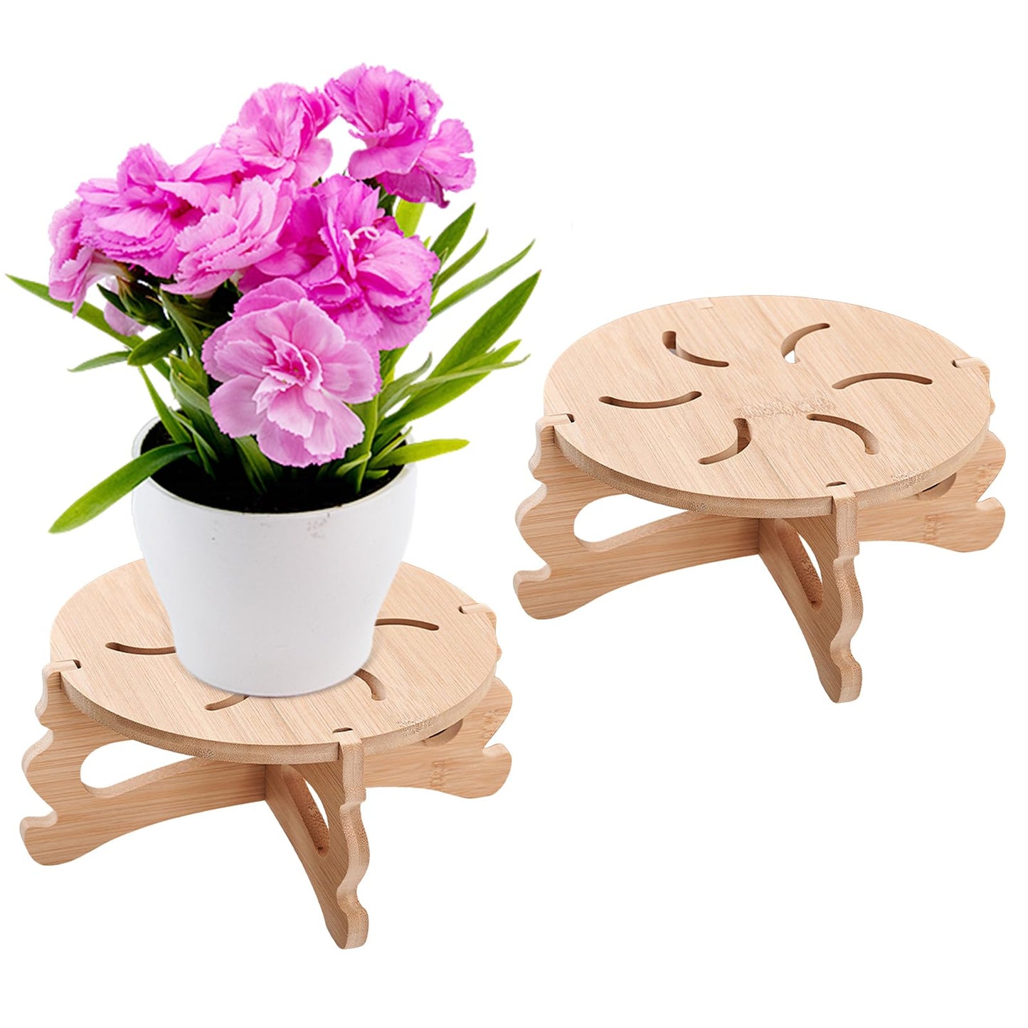 Risirica 2Pc Plant Stand Indoor,Natural Bamboo Plant Stand Indoor,No Screws Required Stable Outdoor Plant Pot Stand for 5-15 lnch Pots,Mid-Century Modern Plant Stool for Living Room, Balcony, Office