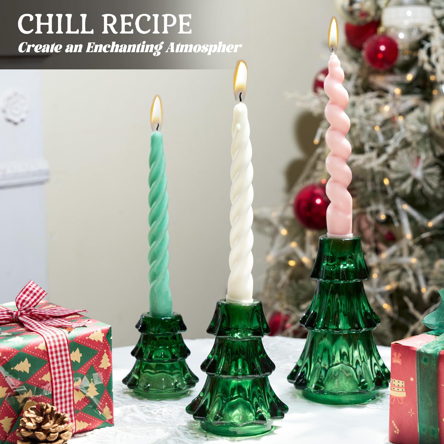 CHILL RECIPE Christmas Tree Candle Holders Xmas Glass Taper Candlestick Holders Thickened with Rubber Candle Grippers for Decoration Table Centerpiece Dinner Party Home Decor(Green 3Pcs &Box)