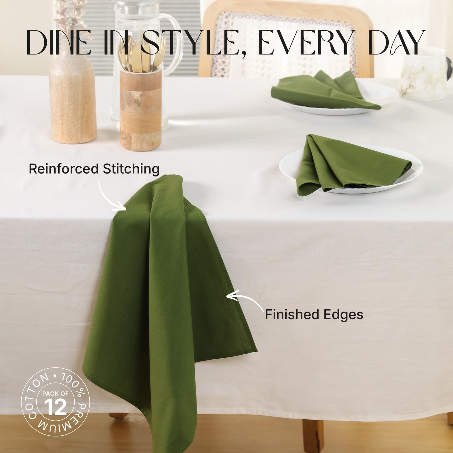 Ivy Heritage Cloth Napkins Set of 12, 100% Cotton Fabric Reusable Dinner Napkins, 18 x 18 Inch Washable Table & Kitchen Napkins for Everyday Dining, Entertaining, Home & Restaurant Use, Olive Green