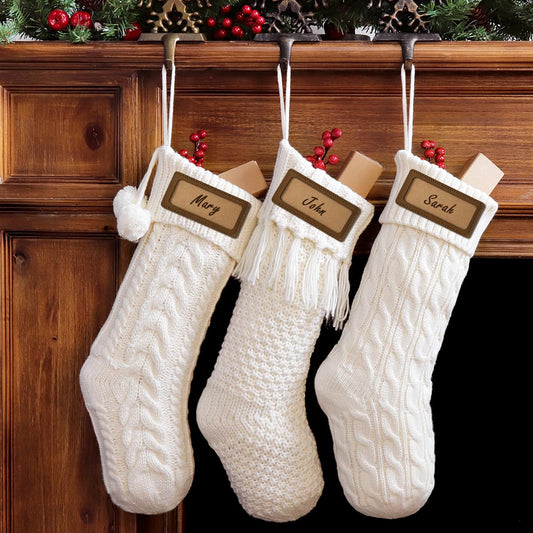 Personalized Christmas Stockings Cable Knit, 3 Pack 18 inches White Large Size Knitted Stockings, Rustic Christmas Ornaments Farmhouse Boho Style Stocking Decorations for Family Holiday Season Decor