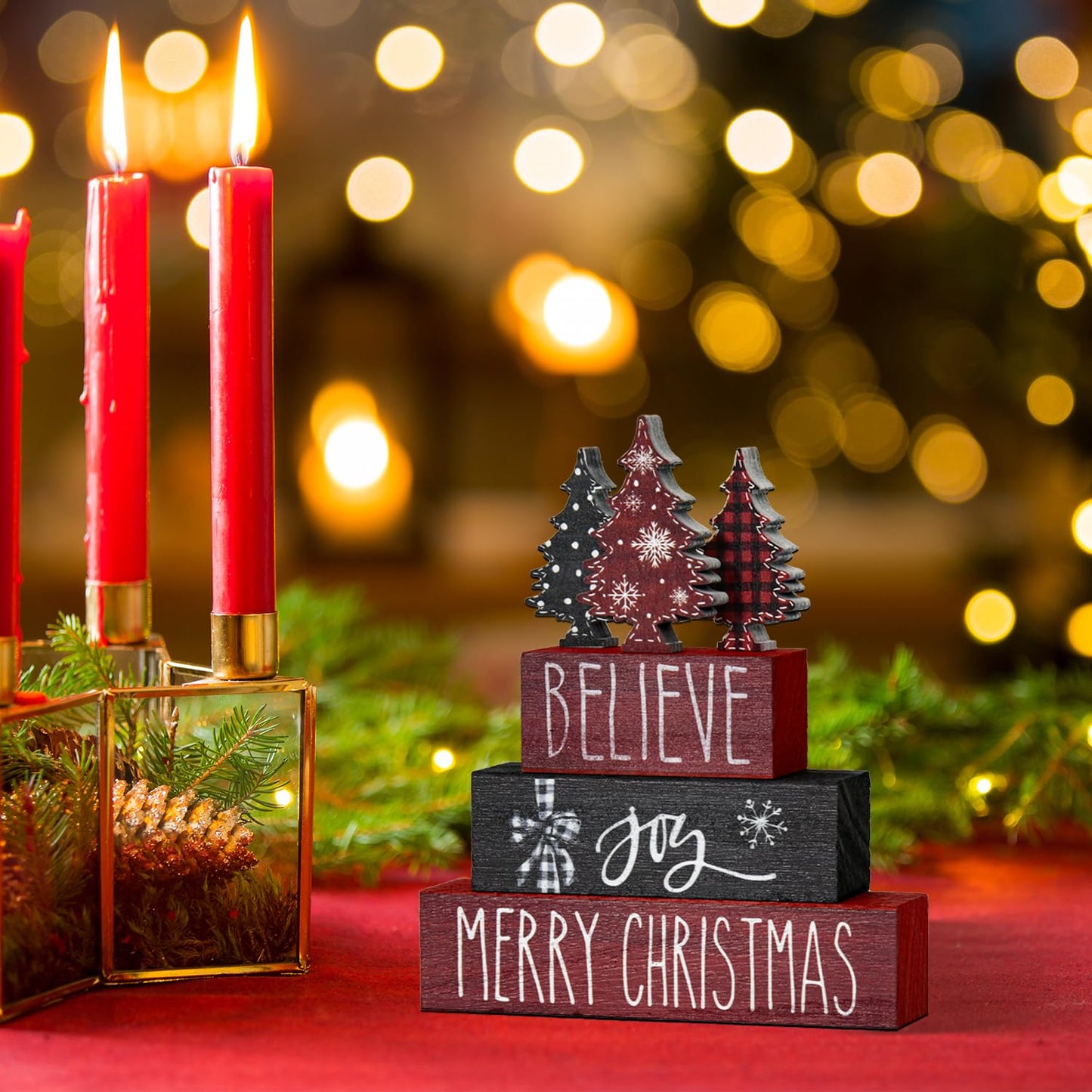 Smile 4 Pcs Merry Christmas Signs, Wooden Tabletop Decor, Believe Joy Xmas Trees, Ornaments for Home Shelf Mantel Fireplace.