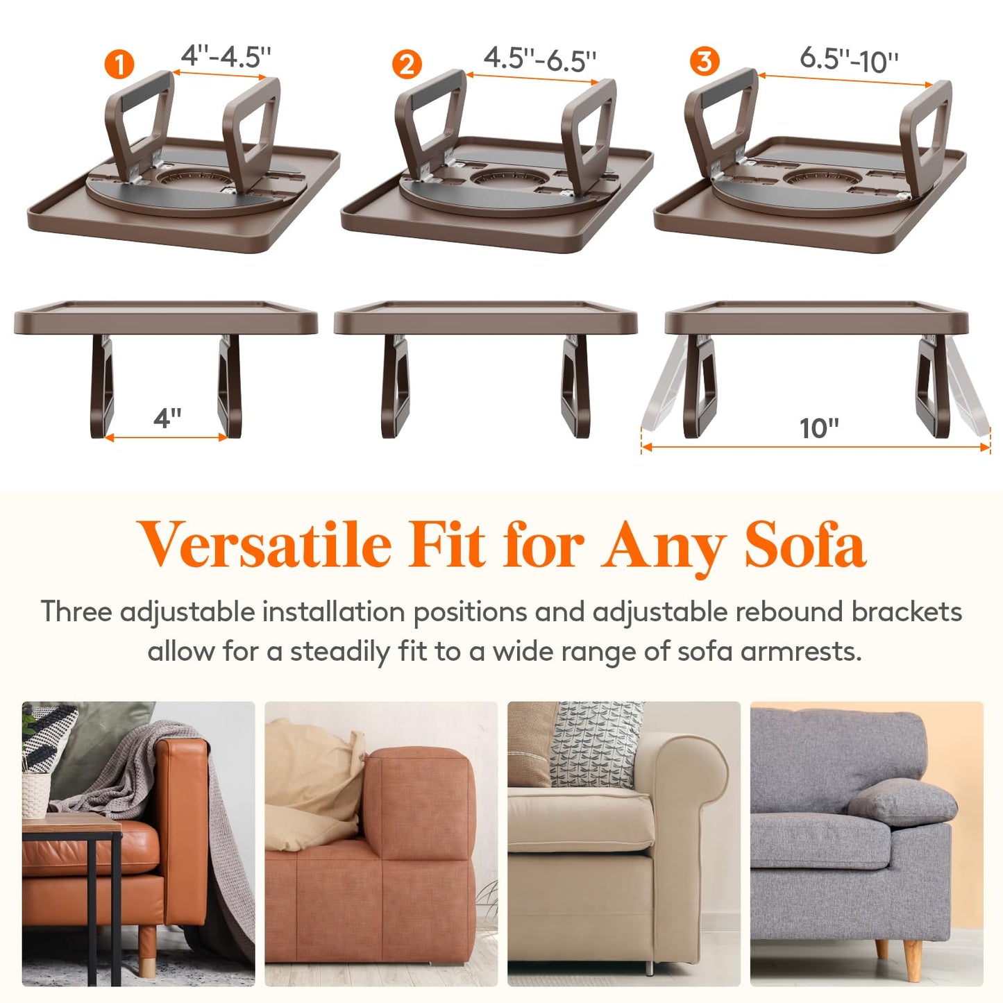 Lifewit Plastic Rotating Couch Armrest Table, Adjustable Sofa Arm Clip Holder Tray for Snack/Fast Food/Fruit/Drink, Large Foldable Stable Sofa Table with Reinforced Clamp, Brown
