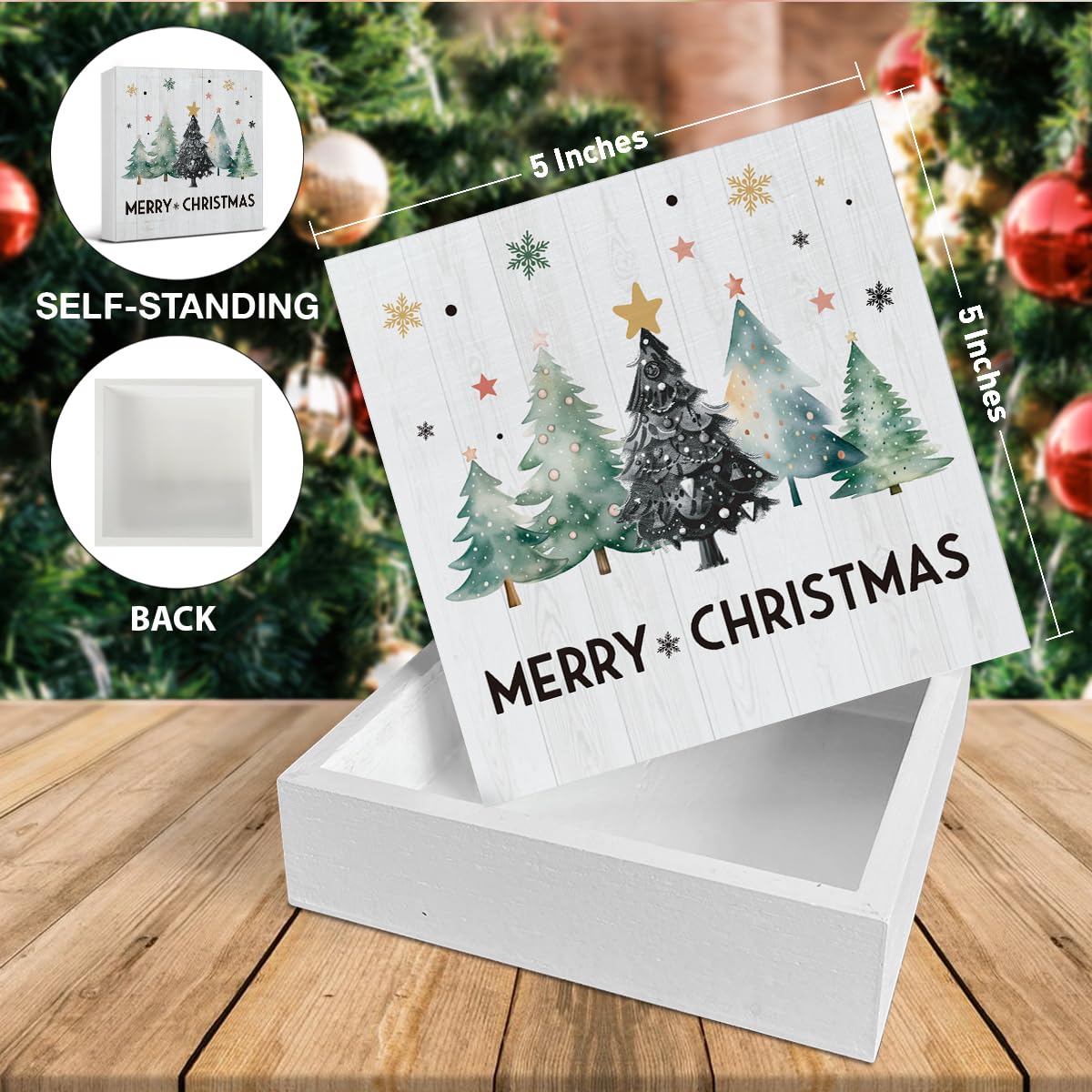 Merry Christmas Decorations - Christmas Tree Decor, Rustic Vacation Wooden Sign, Home Office Decor for Desk Table Shelf 5 X 5 Inches