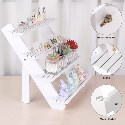 ELLDOO 4-Tier Wooden Display Riser, Retail Jewelry Card Display Stand, Rustic White Wooden Cupcake Stand Shelves, Organizer Showcase Cascading Merchandise Organizer Rack Vendor Display Supplies