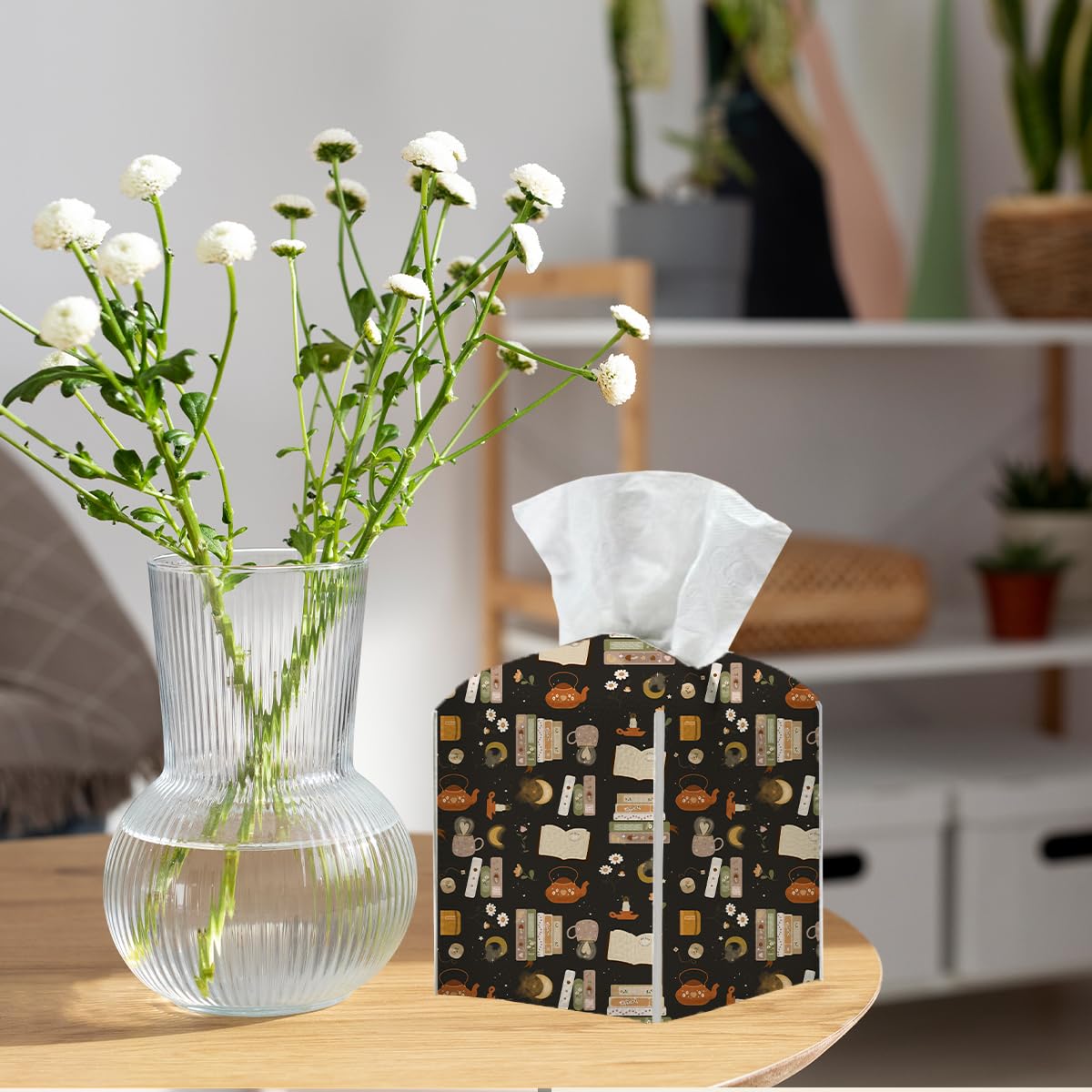 Tissue Box Cover, Tissue Box Holder, Square with Belt Bottom, PU Leather Decorative Organizer for Desk, Tabletop, Countertop Bathroom, Toilet Car, Office, Dresser Bedside, Aesthetic Books Flower Decor