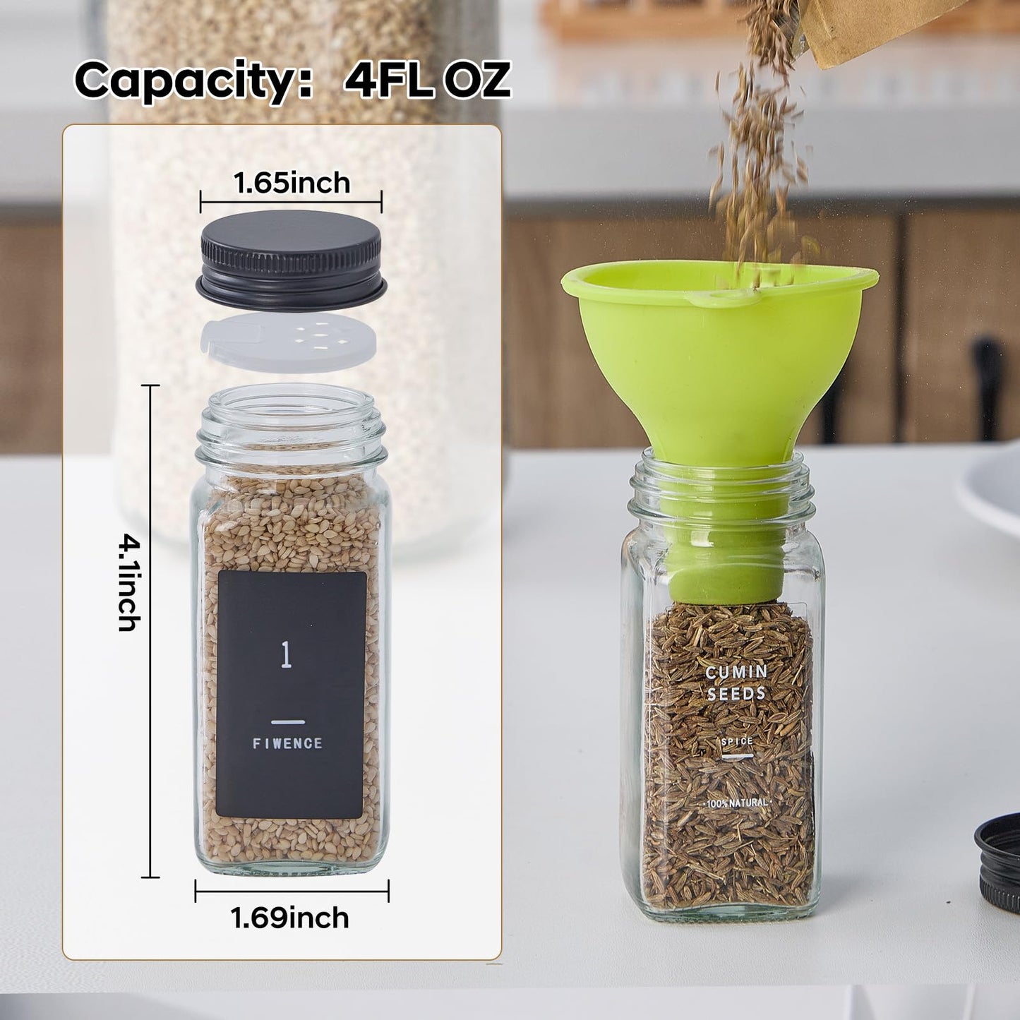 Fiwence 24 Glass Spice Jars with 576 Labels-Spice Jars with Black Metal Caps, 4oz Empty Square Spice Containers with Shaker Lids, Funnel, Pen, Seasoning Bottles for Spice Rack, Drawer, Cabinet