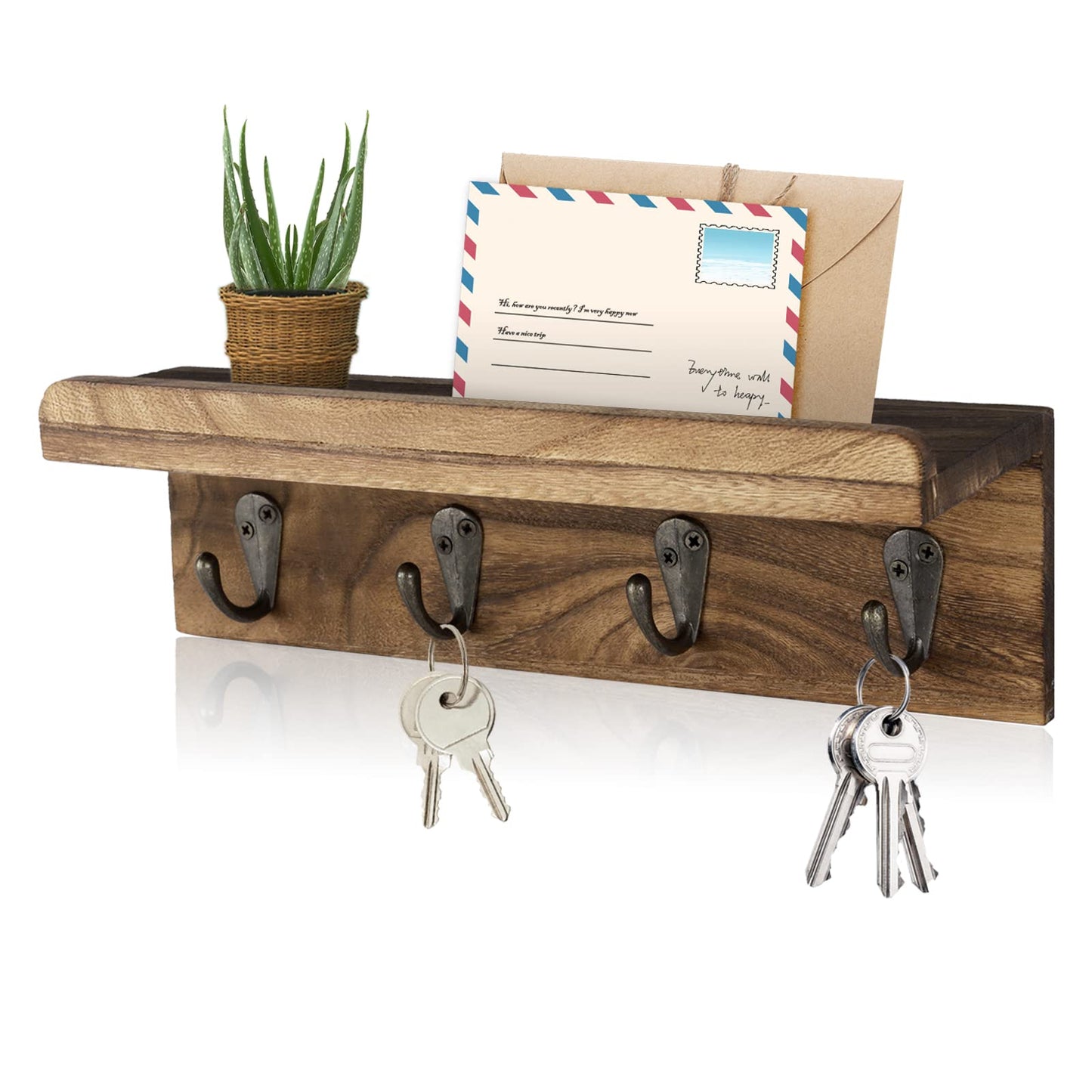 HRONRAD Rustic Key Holder for Wall, Farmhouse Wall Shelf with 4 Hooks, Wall Mounted Key Racks, Wooden Mail Organizer with Hooks for Entryway (Brown)