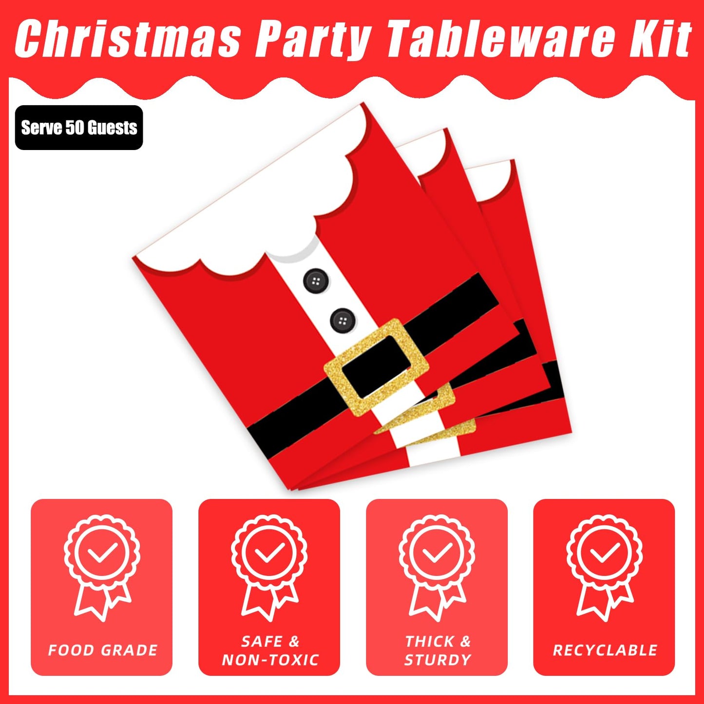 Kepeel 200Pcs Santa Claus Christmas Party Plates and Napkins Sets, Santa Claus Suit Party Supplies Decorations Winter Holiday Xmas Party Dinnerware for Kids Birthday Baby Shower Home Decor, Serves 50