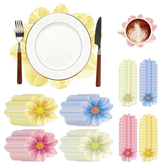Qinyoung 96 Pcs Disposable Floral Paper Placemats and Coasters Set Floral Table Place Mats and Coasters Decorative for Dining Table Setting Birthday Party Supplies Wedding Bridal Shower Spring Decor