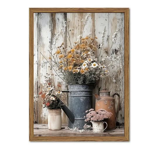 Wood Framed Farmhouse Vintage Canvas Wall Art, Rustic Floral Daisy Pictures Wall Decor Paintings, Country Flower Artwork Poster Prints for Living Room Kitchen Bedroom Bathroom 12x16 inch