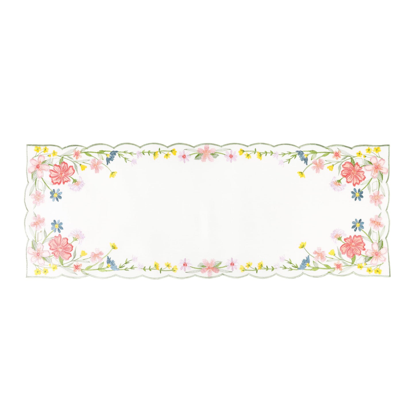 Chlophy Spring Table Runner Embroidered Wildflower Scalloped Small Floral Table Runner Farmhouse Short Flower Runner for Coffee Table Dining Decoration 36 inch Beige