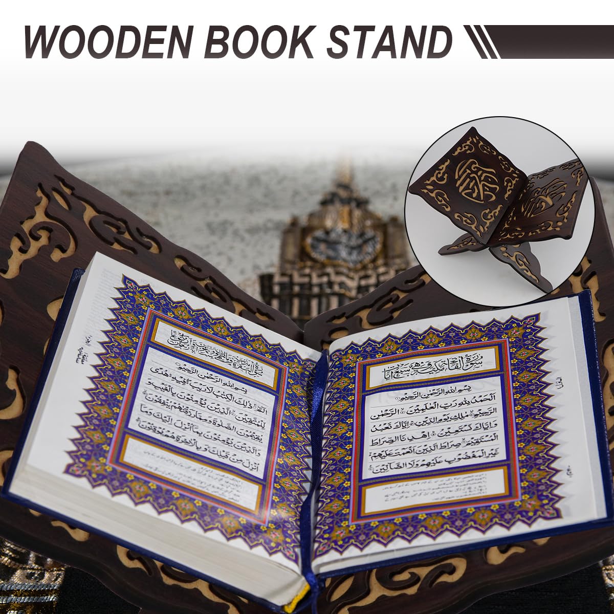 LNQ LUNIQI Foldable Wooden Book Stand Quran Bible Book Holder Muslim Reading Bookshelf Magazine Cookbook Display Holder for Display Reading Prayer Chapel（Black）