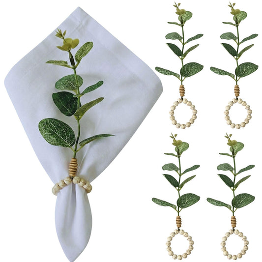 Maison Charlo Eucalyptus Napkin Rings Set of 4, Handmade Green Leaf Napkin Ring Holders, Natural Table Decor for Dining, Wedding, Rustic & Modern Table Settings