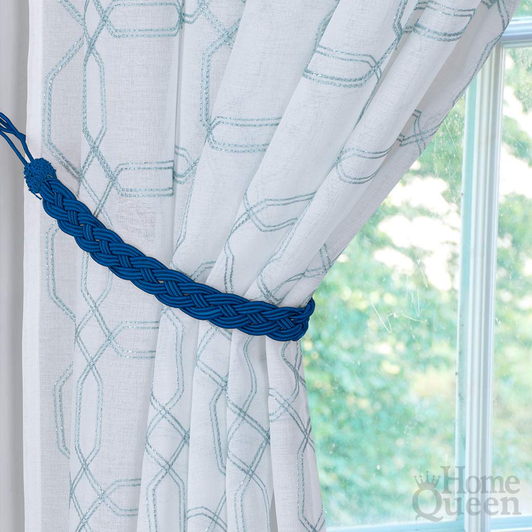 Home Queen Hand Braided Curtain Tie Back, Buckle Holdback Drapery Curtain Tiebacks, 2 Rope Belt Curtain Tie with 2 Metal Hooks, Navy