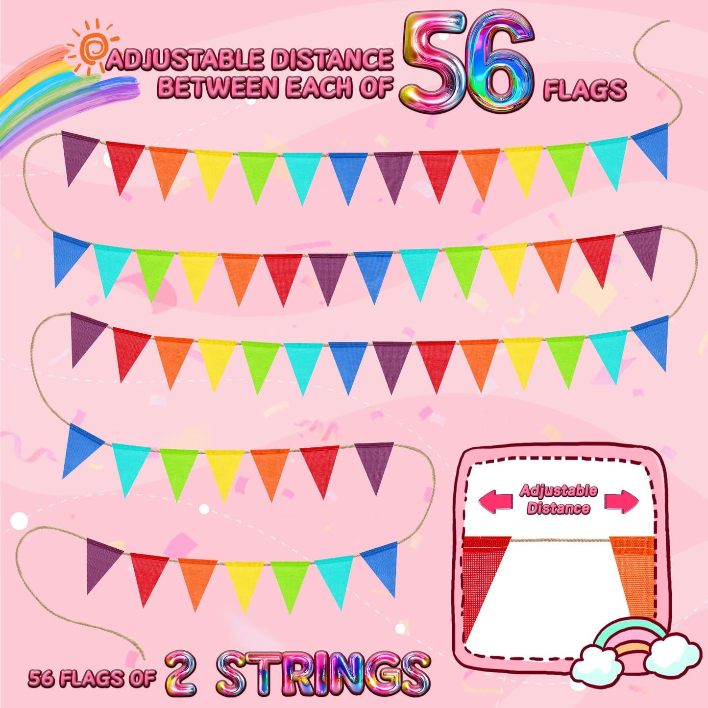 Jutevo 112 Flags/72ft Pennant Banner Flags Garland, Triangle Banner Pennant Flags on a String, Rainbow Burlap Pennant Banner Garland Bunting Banner for Outdoor Birthday Party Decorations Rainbow