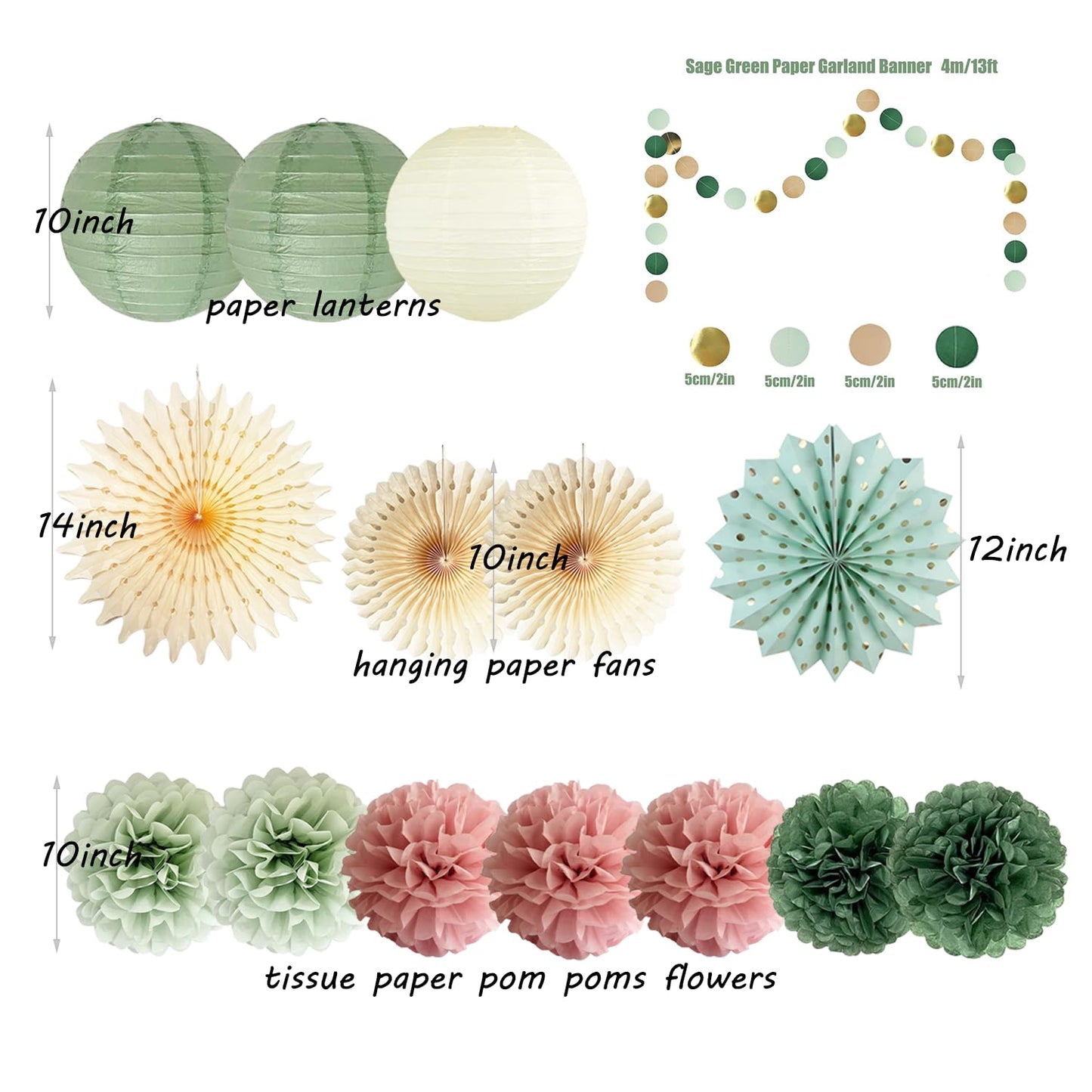 Sage Green and Dusty Pink Party Decorations Green & Pink Party Decor Sage Tissue Pom Poms Paper Lanterns Beige Paper Fans for Women Girls Birthday Wedding Bridal Shower Baby Shower Party Decor